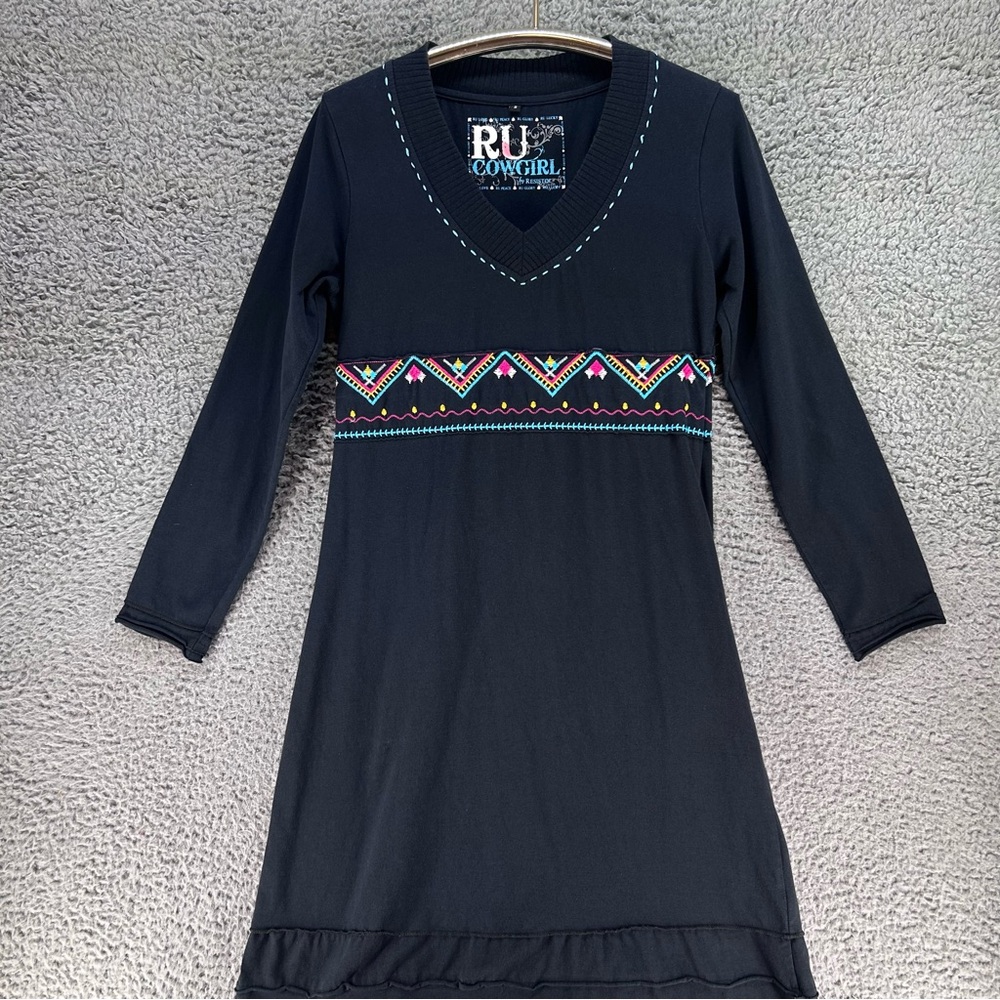 RU Cowgirl By Resistol Dress Small Midi‎ Embroidered Long Sleeve Western Rodeo